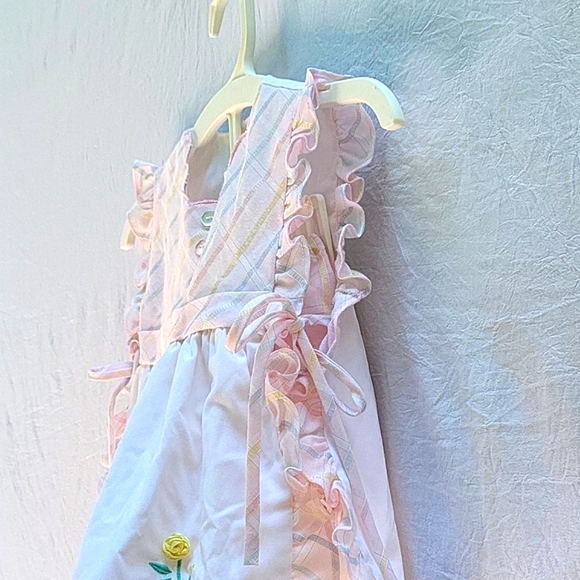 Toddler girl vintage sundress w plaid bloomers, ties at sides, embroidered, 2T - Picture 3 of 9